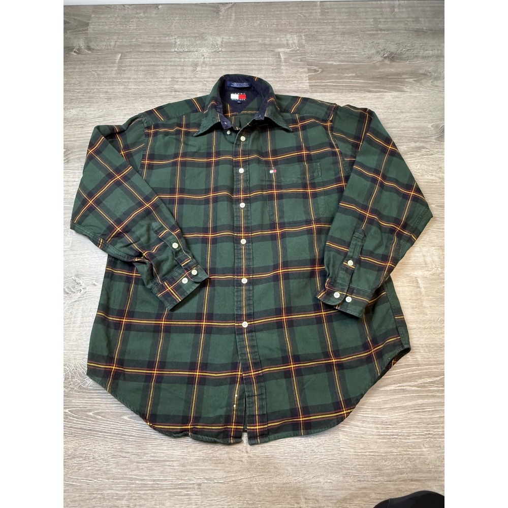 Vintage Tommy Hilfiger Mens Green Plaid Flannel Shirt Corduroy Collar Large L
